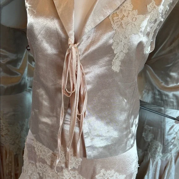 Free People Champagne Lace-Trim Asymmetrical Satin Dress - Picture 4 of 15